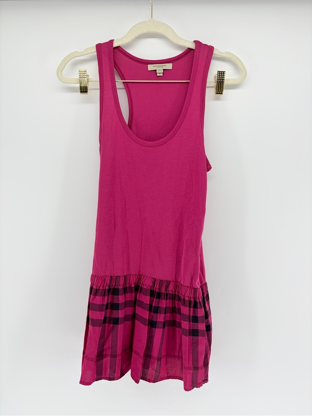 Girls Burberry Drop Waist Plaid Hem Sleeveless Tank Dress Rose Red Small Cotton